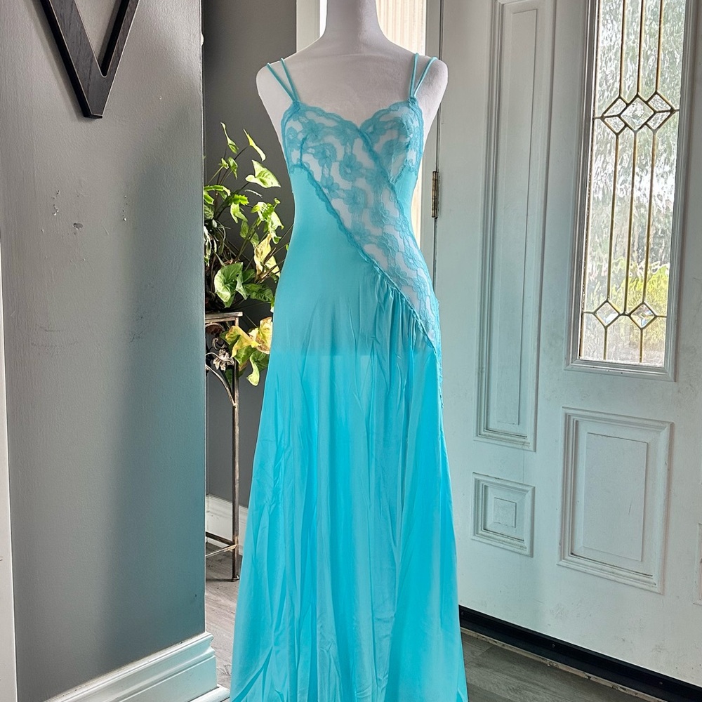Sheer Lace Slip Gown in Aqua Blue